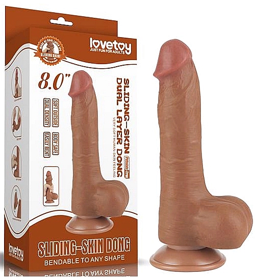 Hnedý umelý penis s prísavkou a pohyblivou kožou