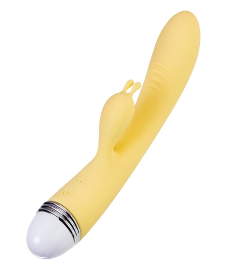 Žltý vibrátor s výstupkom na stimuláciu klitorisu
